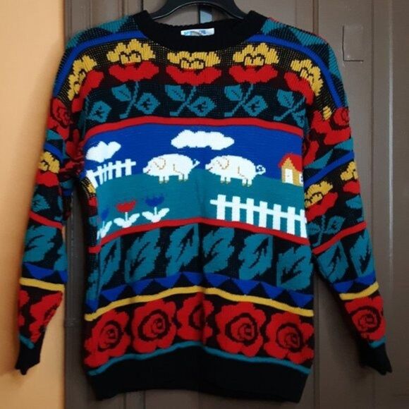 Vintage Sweaters - Rose Vintage Knit Multi Color Crewneck Sweater